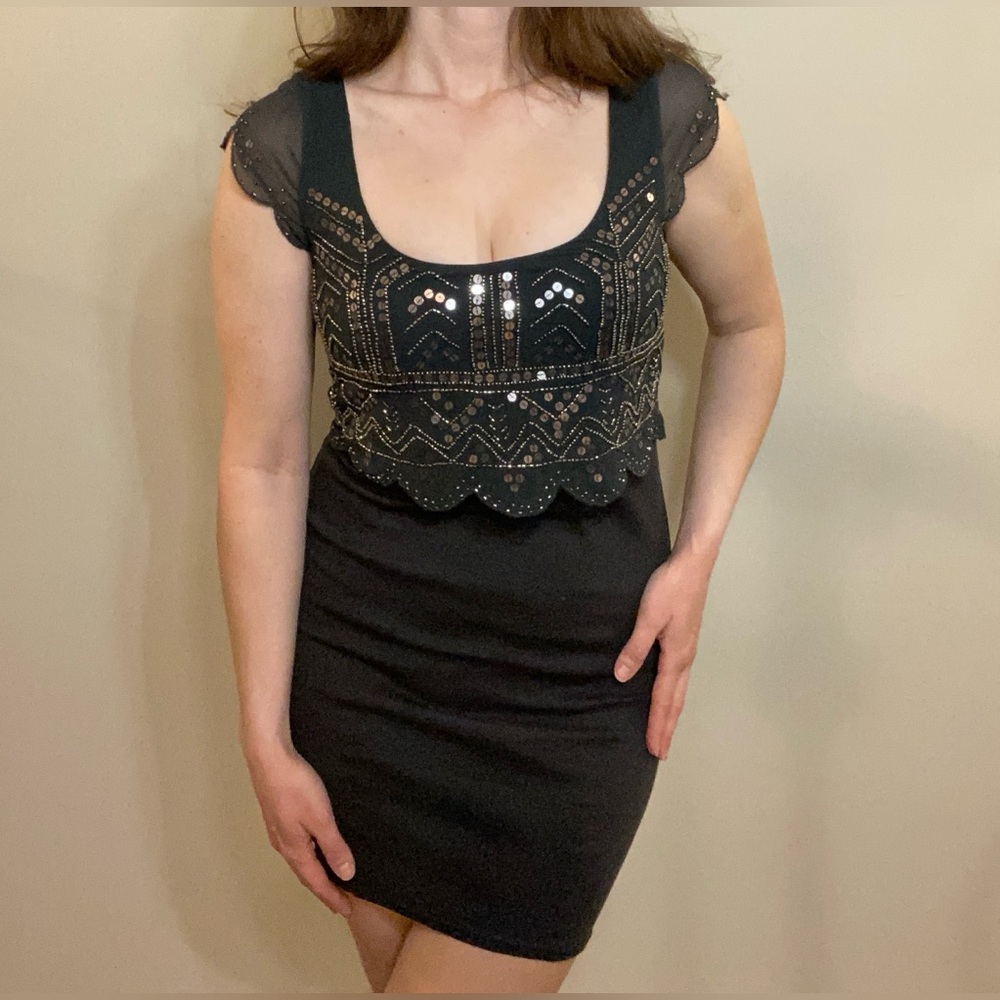 American Eagle Dark Grey Bodycon dress with beaded mesh top overlay.
